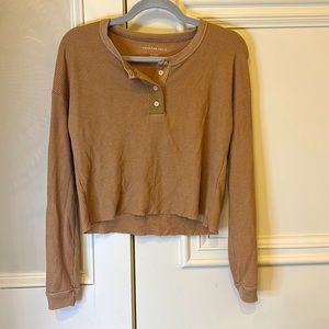 American Eagle Half Button Up Cropped Tan Crew Neck Sweater XS